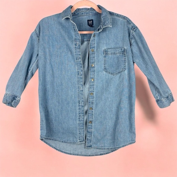 VTG GAP Kids Small Blue Button Down Shirt Classic 90s Style Denim Long Sleeves - Picture 1 of 10
